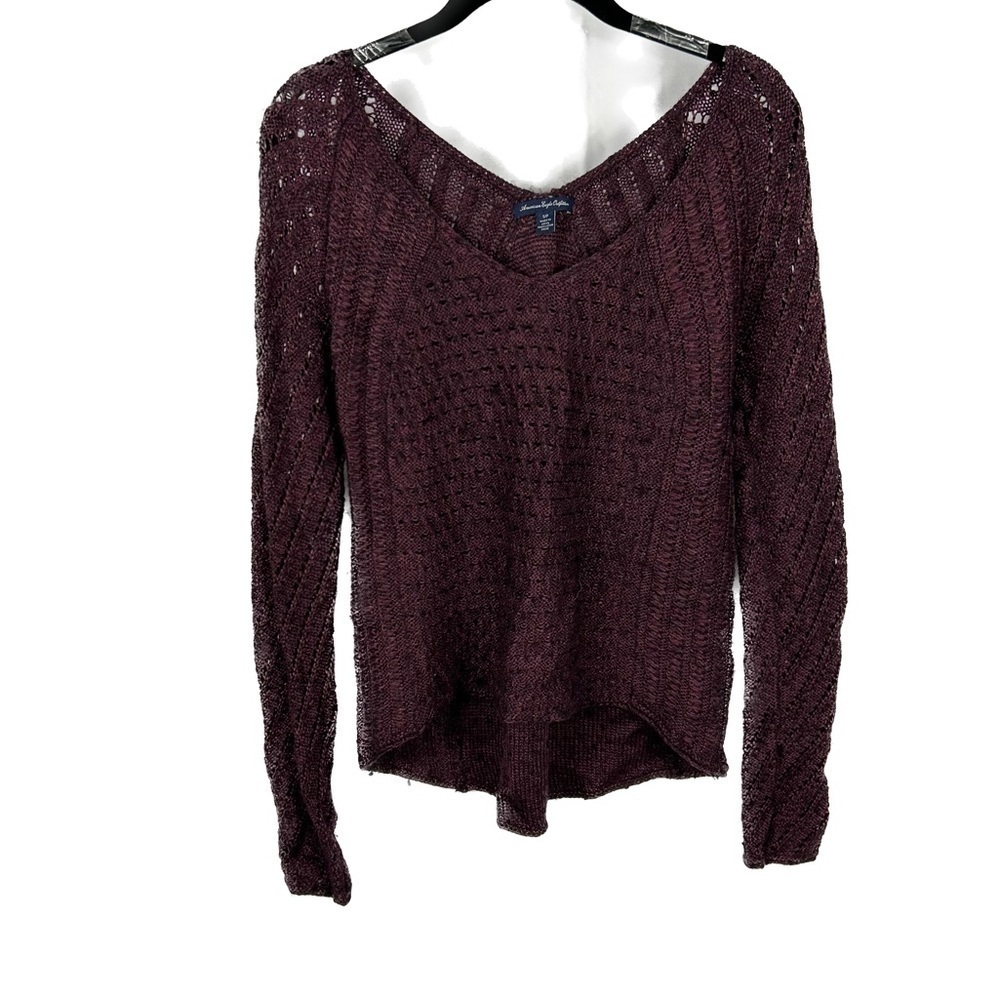 American Eagle Sweater Long Sleeve Open Knit Top Wool Blend Pullover VNeck Shirt